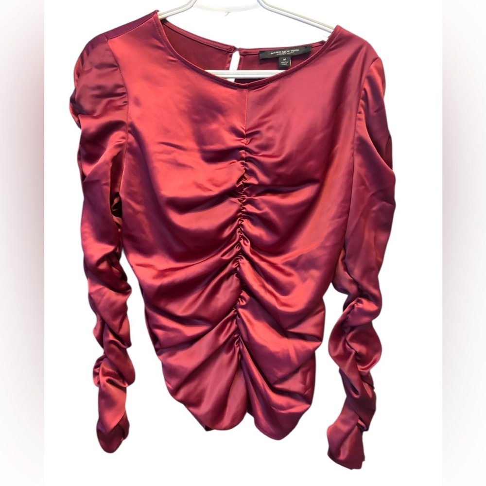 Marc New York Satin Ruched Long Sleeve Top in Burgundy